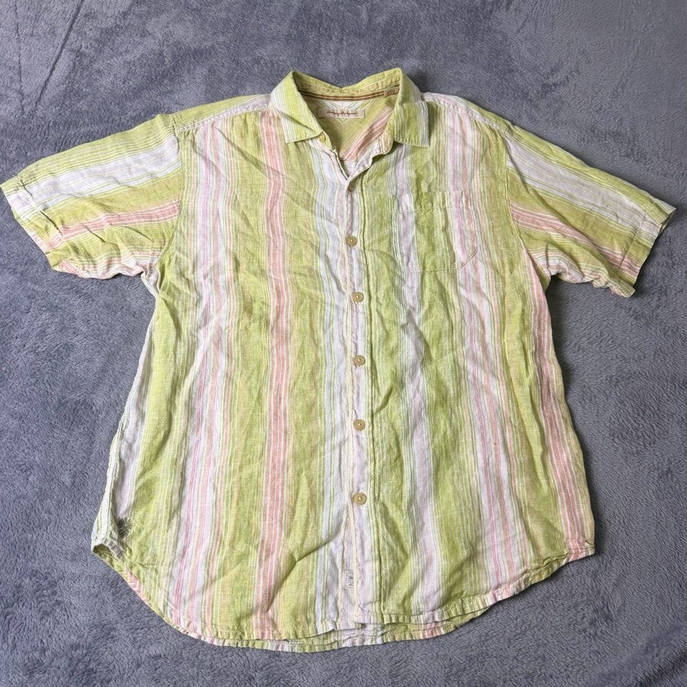 Tommy Bahama Embroidered Linen Button Up Green Pineapple Striped Shirt Large